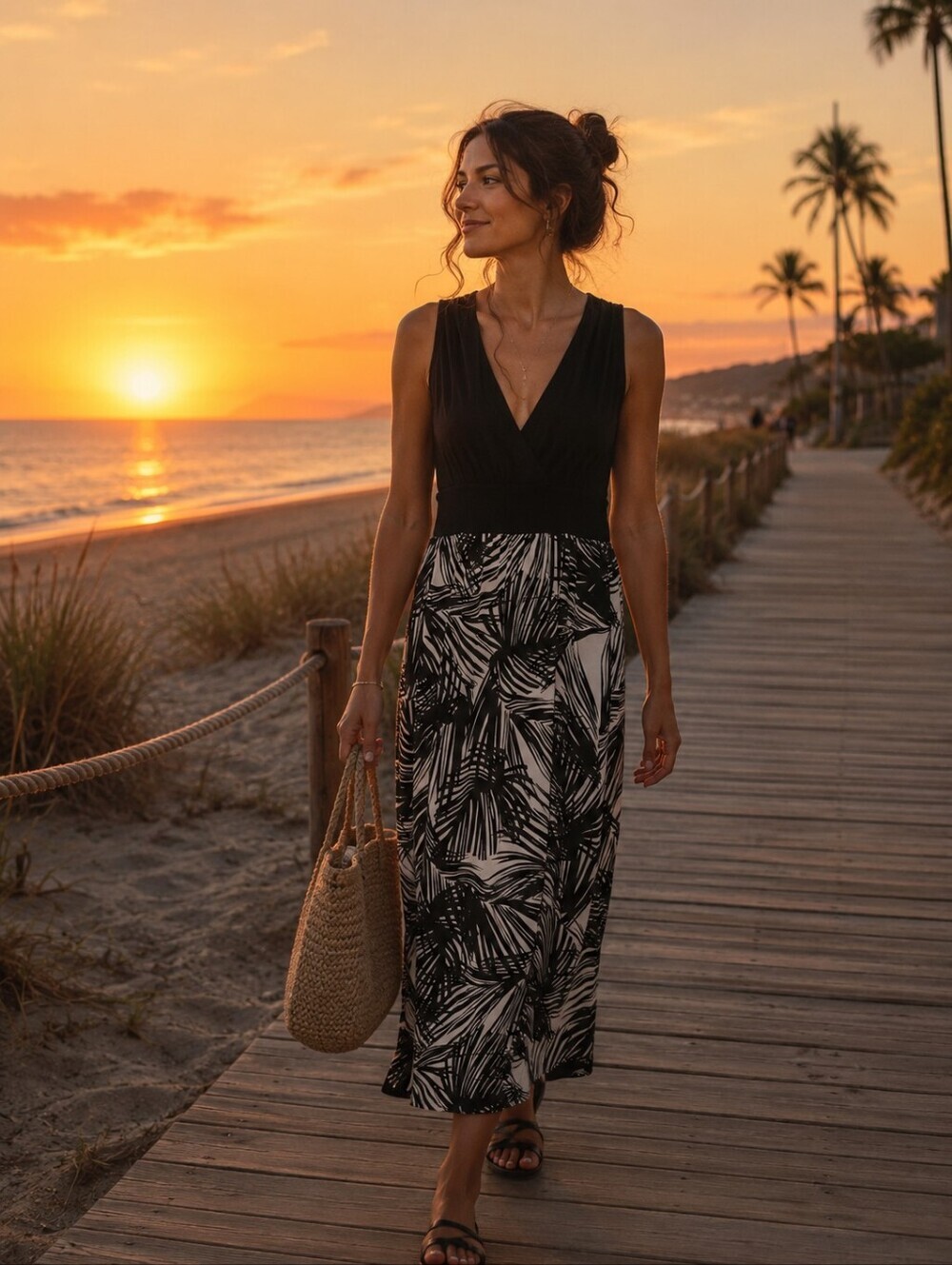 Women's Palm Print Maxi Dress, V-neck, Sleeveless, Summer Resort Coastal Size Lg - Picture 1 of 8